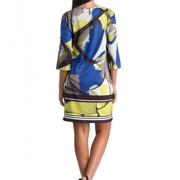 Marisa Kenson Geometric Cobal Lime White 3/4 Sleeves Mini Dress - size S NWT - Picture 2 of 6